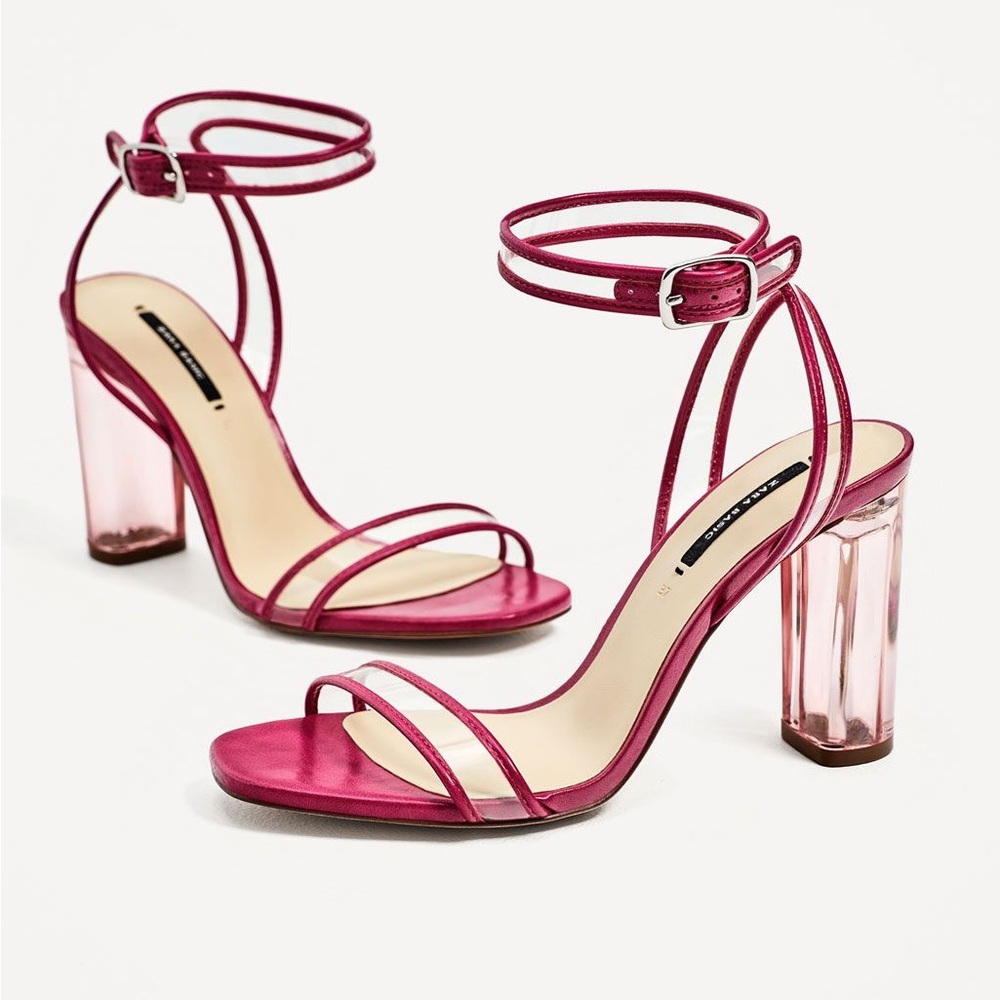 ZARA Pink Faux Leather and Clear Block Strappy Sandal Heels